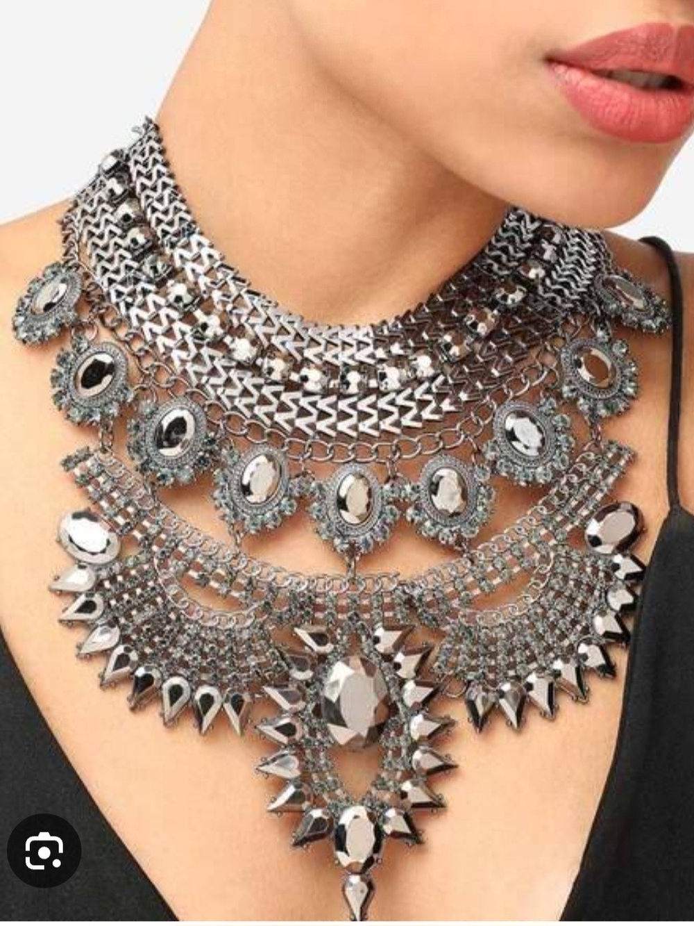 Multi-Layer Silver Statement Necklace with Faceted Accents